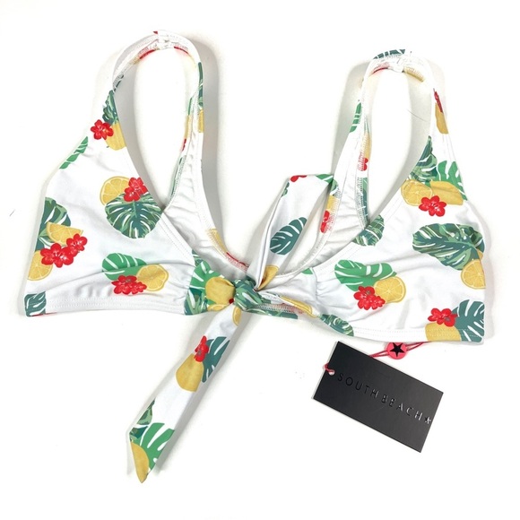 South Beach | Tropical Lemon Pattern Tie Front Bikini Top NWT - US 6 - Picture 1 of 4
